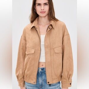 Lioness Palm desert faux suede oversized bomber jacket in “chocolate”(tan/camel)